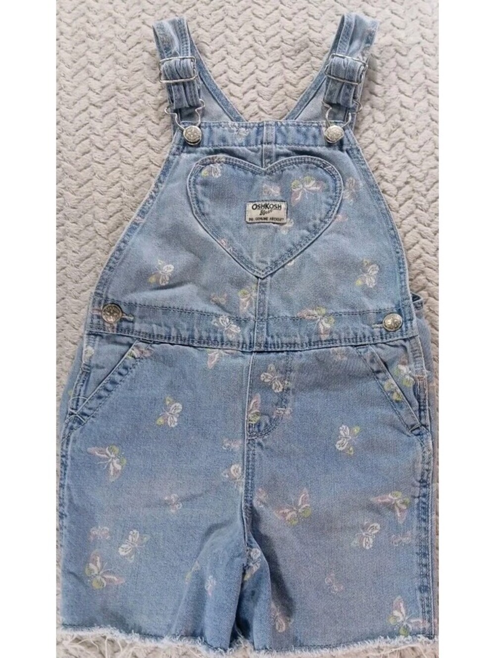 Oshkosh - Toddler Girl Size 5T Denim Overall Shorts Printed Butterfly Light Blue